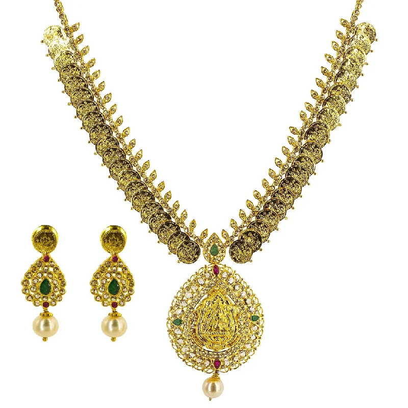 women’s handmade necklaces-22K Yellow Gold Diamond Laxmi Necklace & Earring Set W/ 7.81ct Uncut Diamonds, Emeralds, Rubies & Pearls