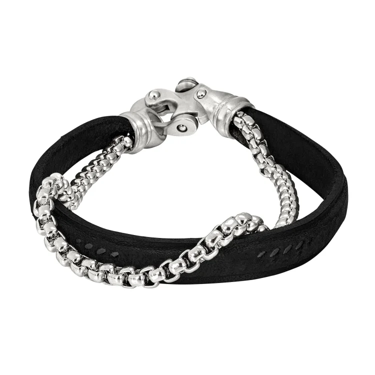 women’s birthstone bracelets-Black Leather 2 Cord Bracelet With Box Link Chain