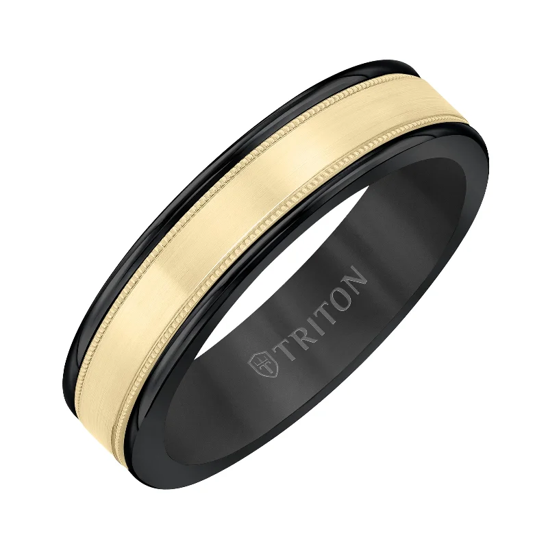 women’s affordable gemstone engagement rings-Black Tungsten & Yellow Gold Men's Wedding Band