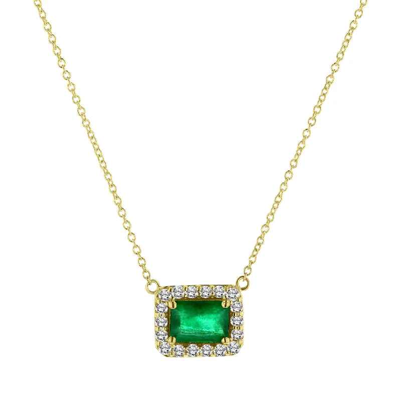 women’s multicolored necklaces-Emerald and Diamond Halo Necklace, 14K Yellow Gold