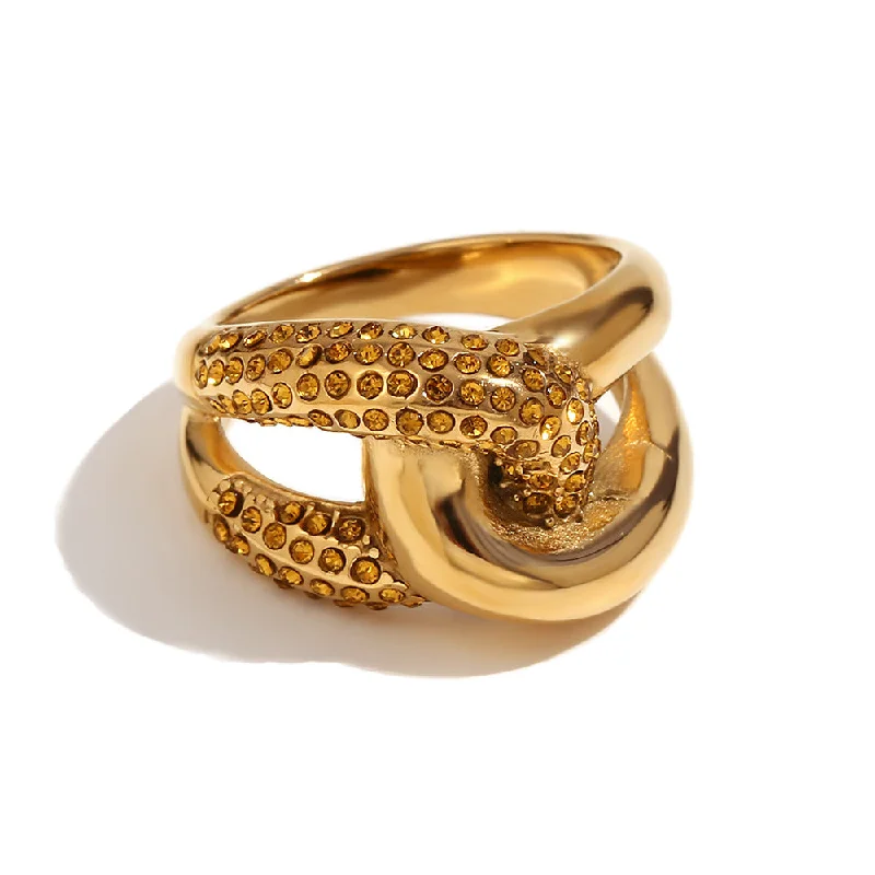 Cross Knot Contrast Zircon Ring - Gold Champagne-6