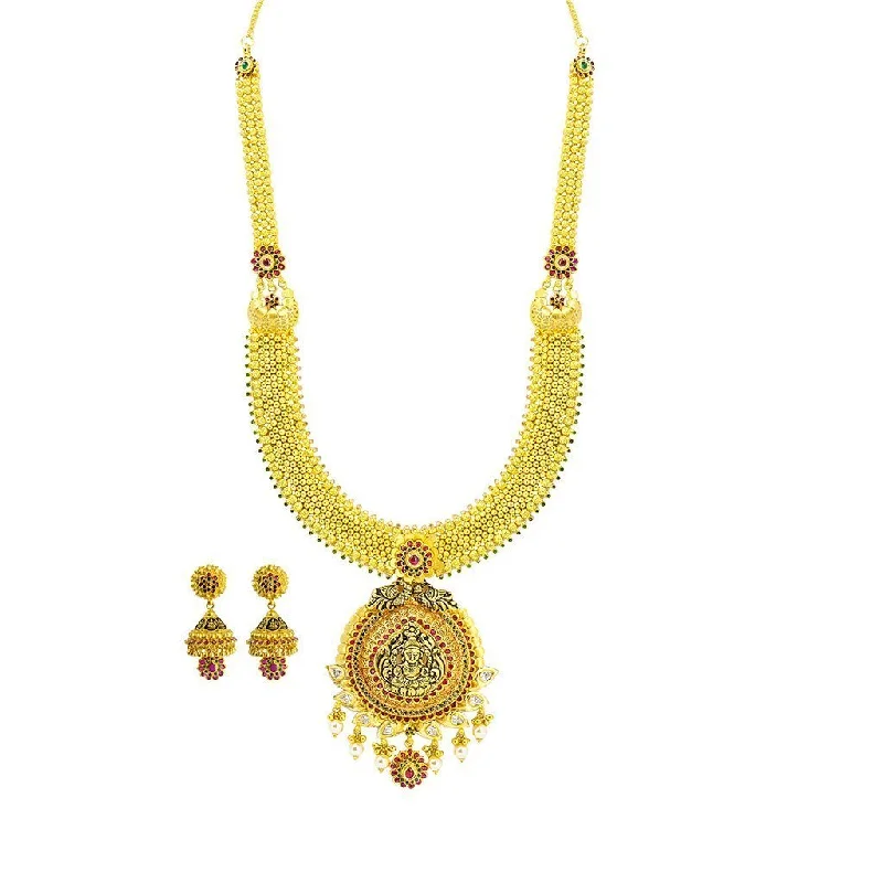 women’s bridal necklaces-22K Yellow Gold Necklace & Jhumki Earrings Set W/ CZ, Ruby, Emerald, Pearls & Laxmi Pendant on U-Shaped Beaded Chain