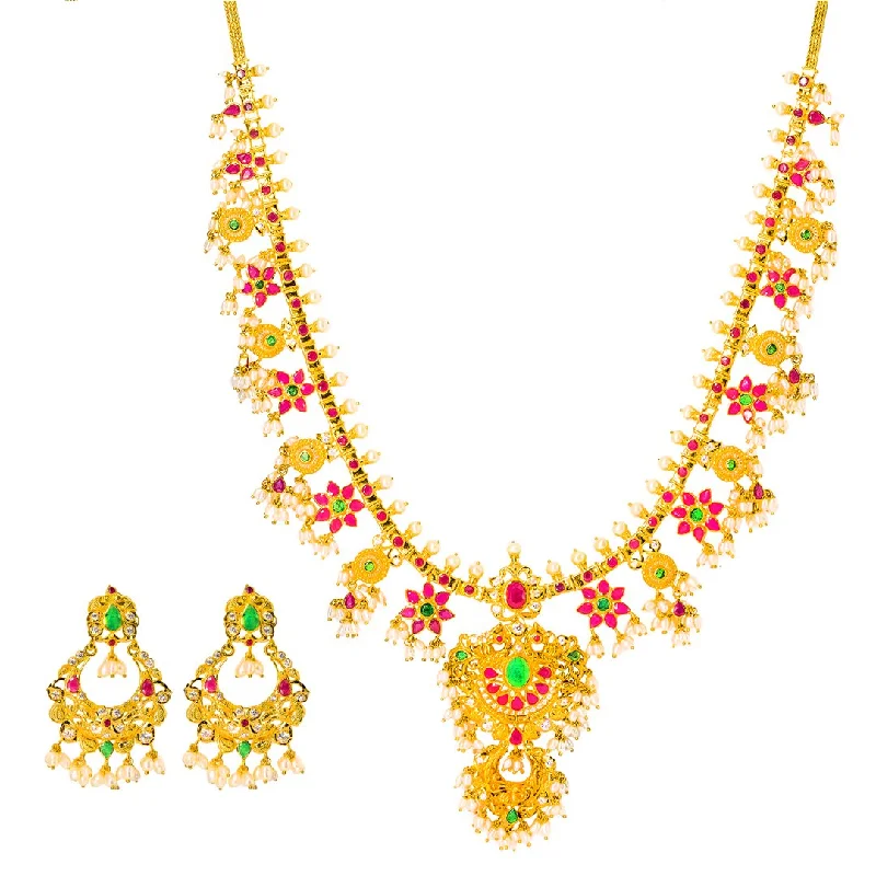 women’s chain necklaces-22K Yellow Gold Antique Guttapusalu Necklace and Earrings Set W/ Emeralds, Pearls, CZ, Rubies & Flower Accents