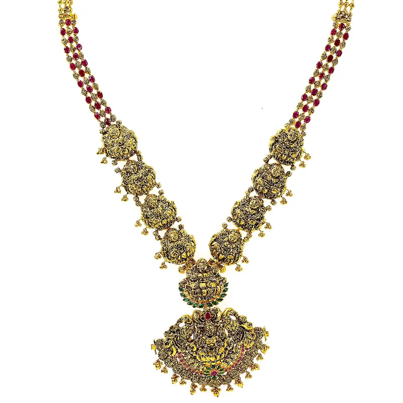 women’s star necklaces-22K Yellow Antique Gold Laxmi Haaram Necklace W/ Emeralds, Rubies & Faceted Laxmi Accents