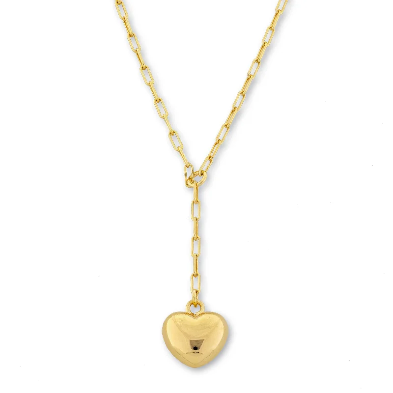 women’s geometric necklaces-Heart Drop Paperclip Necklace, Yellow Gold Plated