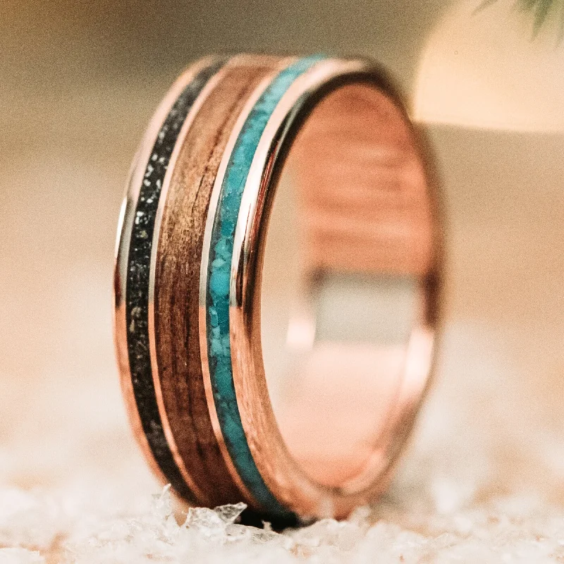 women’s flower design engagement rings-The Mahalo | Men's Gold Wedding Band with Meteorite, Koa Wood & Turquoise