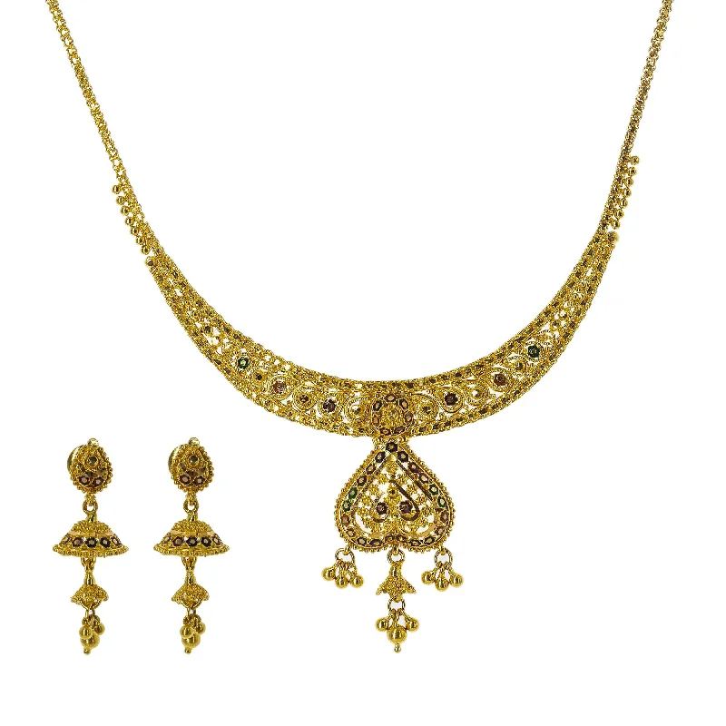 women’s sapphire necklaces-22K Yellow Gold Meenakari Necklace Set W/ Beaded Filigree & Jhumki Earrings