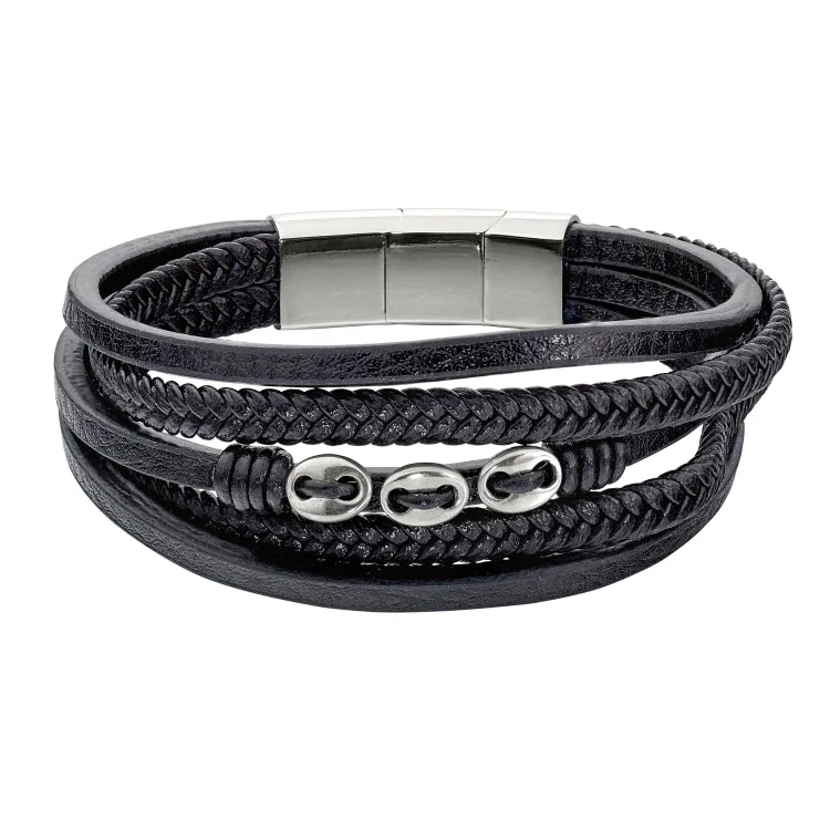 women’s personalized bangles-Black Leather 5 Cord Bracelet With 3 Stainless Steel Buttons