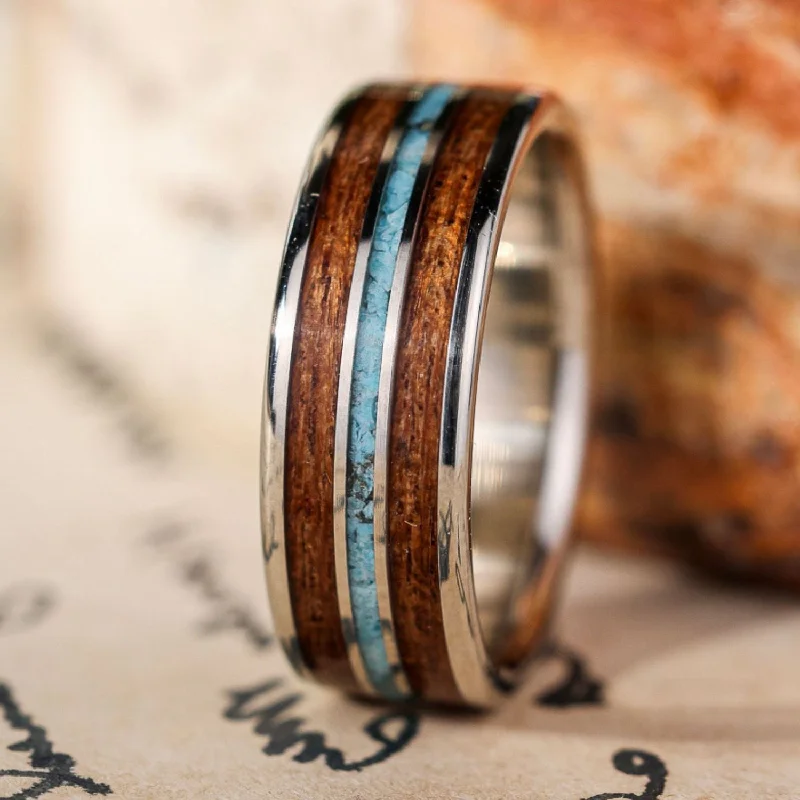 women’s custom ring engagement design-The Arizonan | Men's Gold Wedding Band with Turquoise and Mesquite Wood