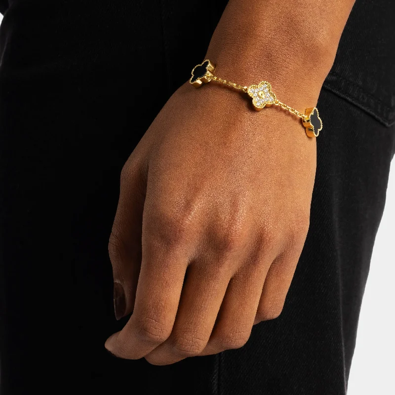 women’s crystal bracelets-Iced Black Clover Bracelet Gold