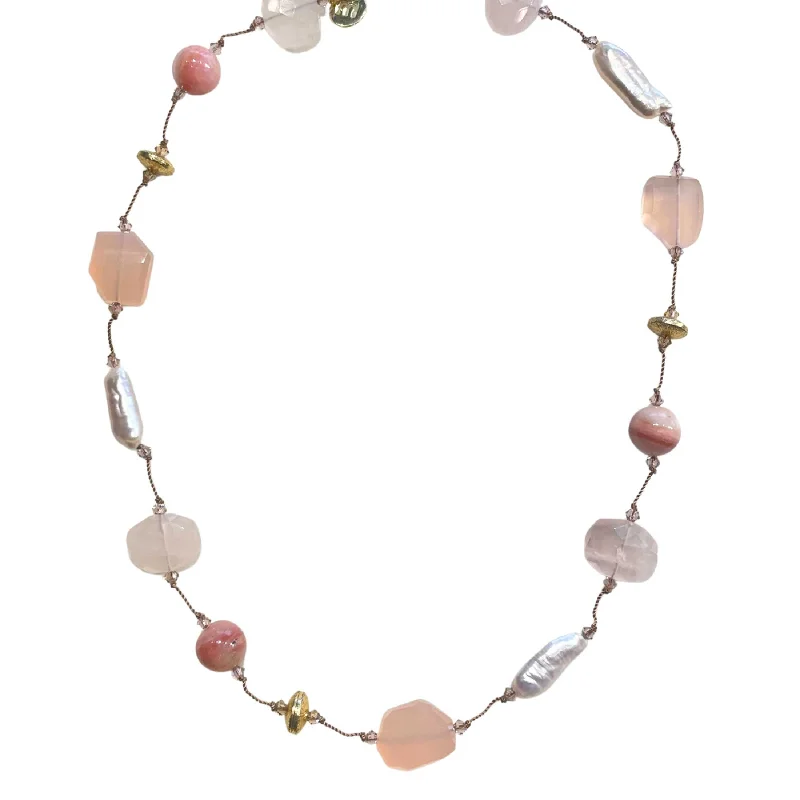 women’s gold necklaces-Pink Tone Multi Gemstone Necklace, 17 Inches, Vermeil