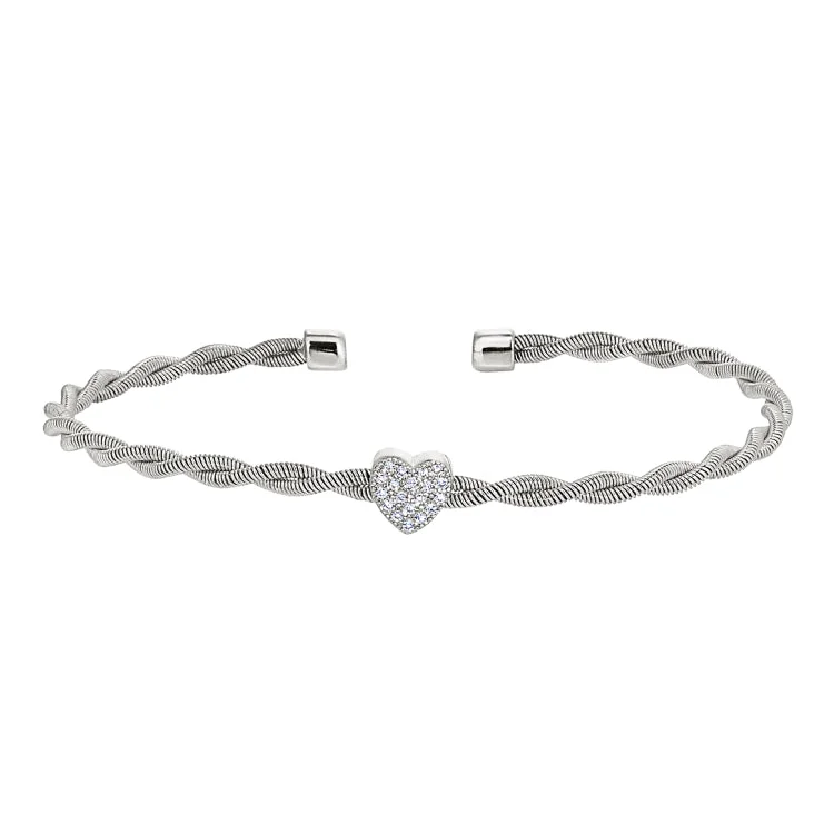 women’s stackable bracelets-Rhodium Finish Sterling Silver Thin Tightly Twisted Cable Cuff Bracelet with Heart with Simulated Diamonds