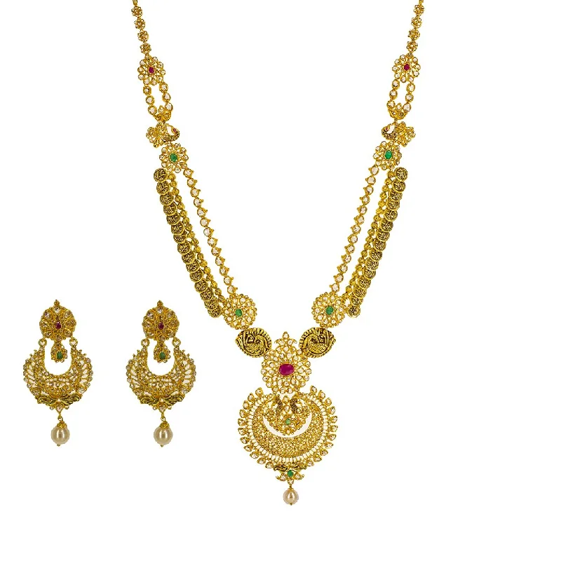 women’s luxury gold necklaces-22K Yellow Gold Uncut Diamond Antique Temple Necklace Set W/ 33.95ct Uncut Diamonds, Rubies, Emeralds & Drop Pearls