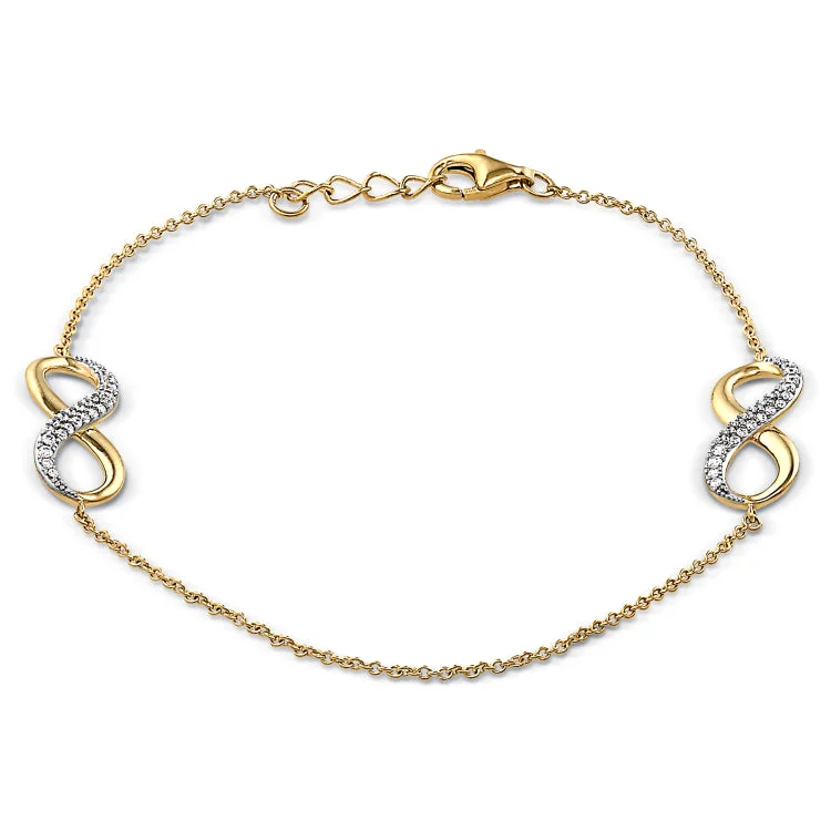 women’s luxury bracelets-Gold Finish Sterling Silver Micropave Double Infinity Bracelet with Simulated Diamonds with 7.25" Cable Chain & .5" extender