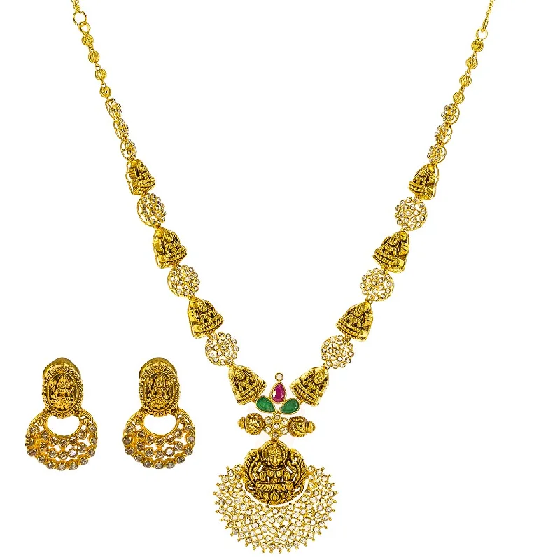 women’s floral necklaces-22K Yellow Gold Uncut Diamond Antique Temple Necklace Set W/ 7.36ct Uncut Diamonds, Rubies, Emeralds & Laxmi Pendants