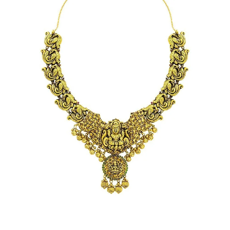 women’s diamond-studded necklaces-22K Yellow Gold Antique Temple Necklace W/ Ruby, Emerald & Laxmi Pendant on Carved Peacock Strand