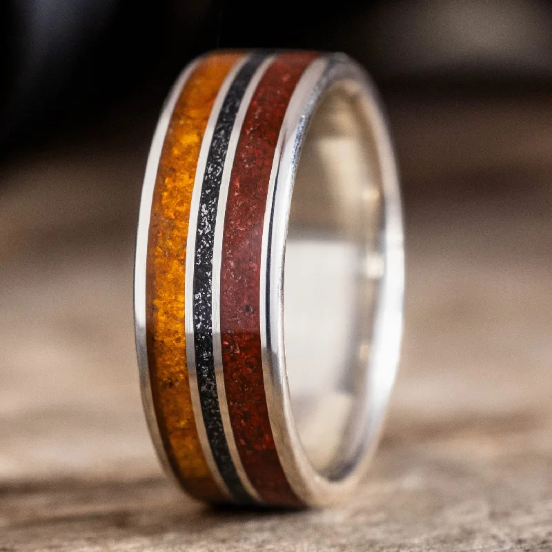 women’s bold engagement rings-The Jurassic in Silver | Men's Silver Wedding Band with Dinosaur Bone, Meteorite & Fossilized Amber