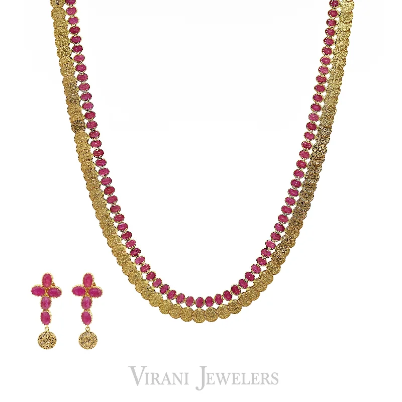 women’s luxury gold necklaces-Long Kasu Necklace & Earrings Set W/ Faceted Rubies & Engraved Coins