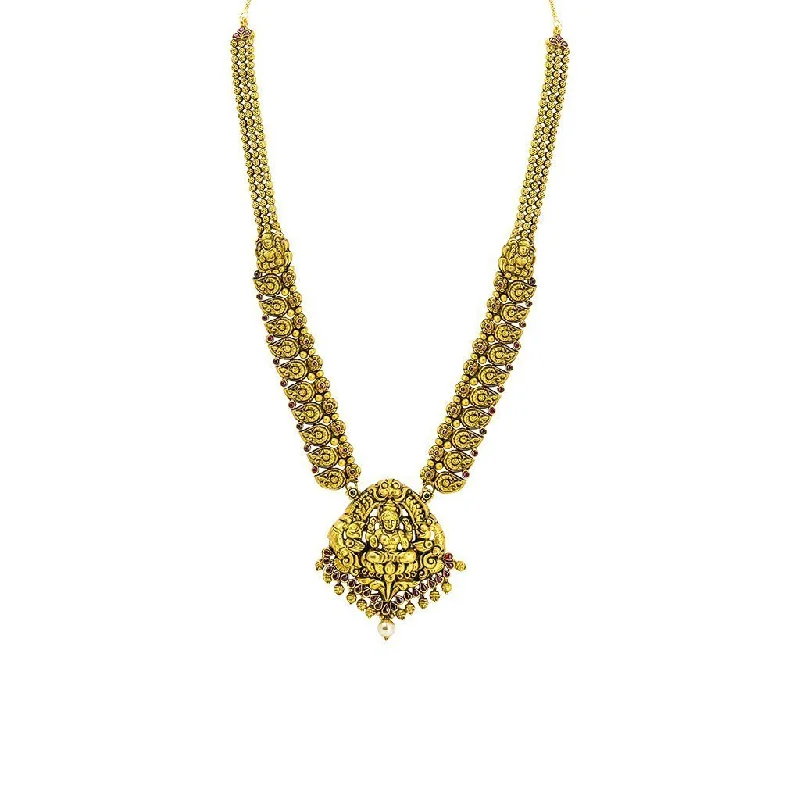 women’s adjustable necklaces-22K Yellow Gold Antique Necklace W/ Ruby, Pearl, & Laxmi Pendant on Deeply Carved Strand