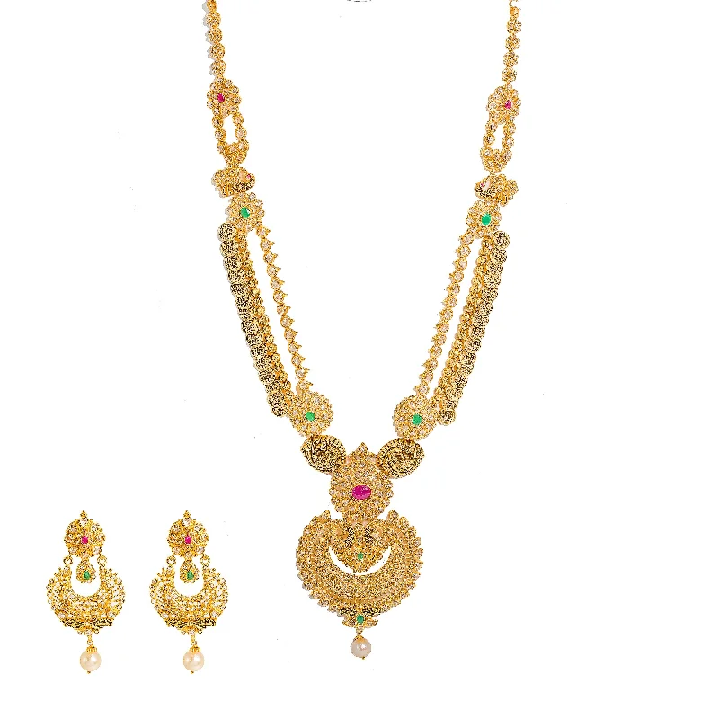 women’s silver charm necklaces-22K Yellow Gold Diamond Necklace & Chandbali Earrings Set W/ 33.95ct Uncut Diamonds, Rubies, Emeralds, Pearls & Laxmi Kasu