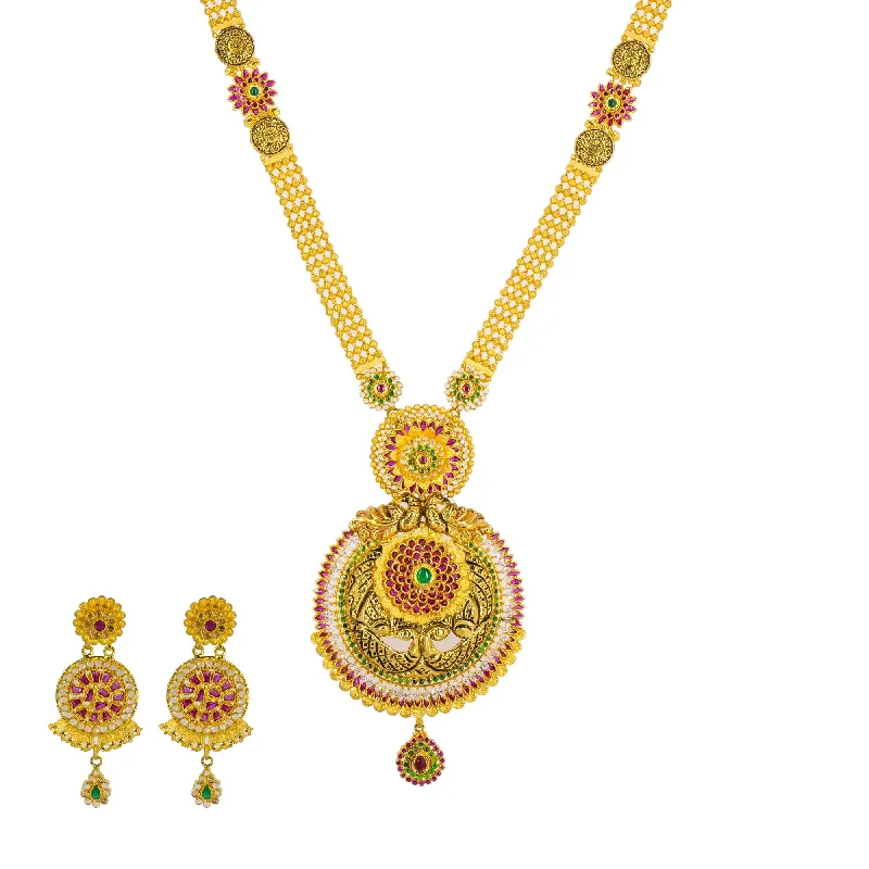 women’s bar necklaces-22K Yellow Antique Gold Long Necklace & Earrings Set W/ CZ, Emeralds, Rubies & Large Shield Pendant