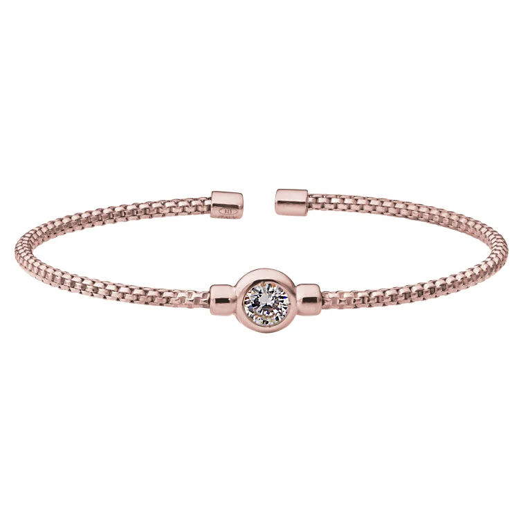 women’s fashion bangles-Rose Gold Finish Sterling Silver Rounded Box Link Cuff Bracelet with Bezel Set Simulated Diamond Birth Gem