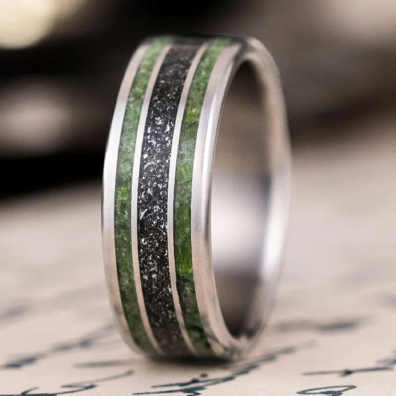 women’s unique diamond engagement rings-The Intergalactic | Men's Titanium Wedding Band with Meteorite and Imperial Diopside Inlays