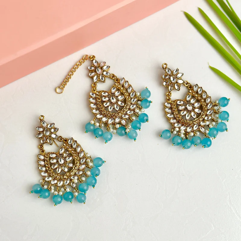 women’s anniversary earrings-Sameera Earrings/Teeka Set (Light Blue)