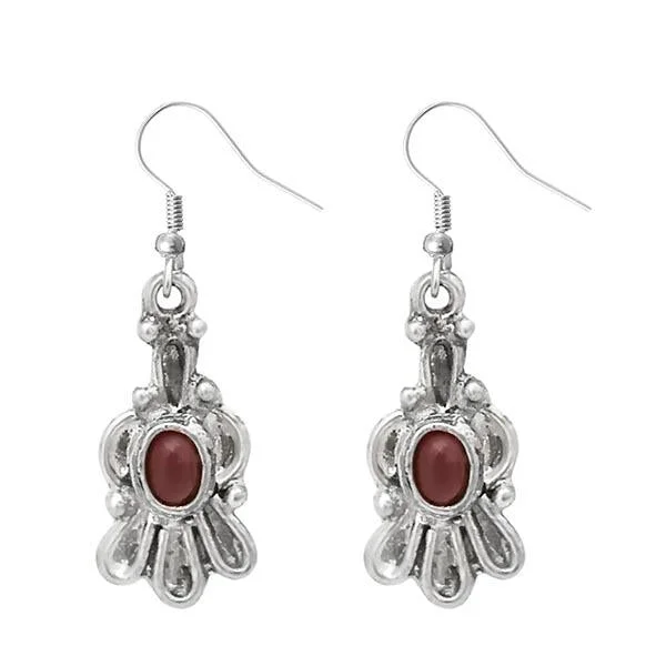 women’s drop earrings-Urthn Maroon Pota Stone Silver Plated Dangler Earrings