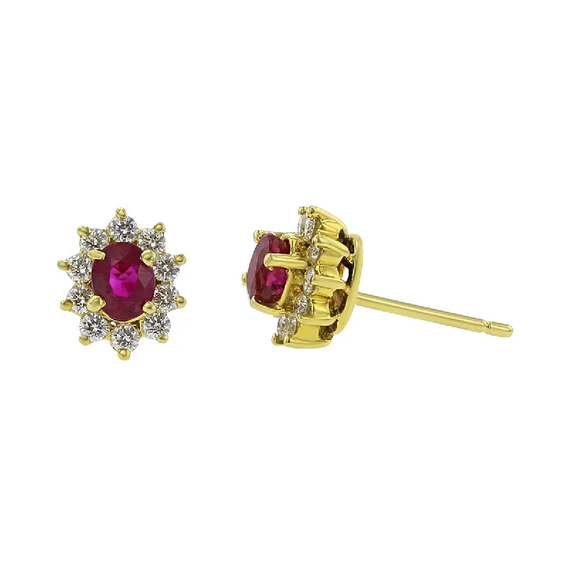 women’s heart-shaped diamond earrings-Oval Ruby and Diamond Halo Stud Earrings