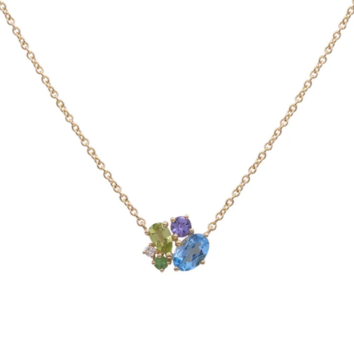 women’s floral pendant necklaces-Multicolor Gemstone Cluster Necklace, 14K Yellow Gold