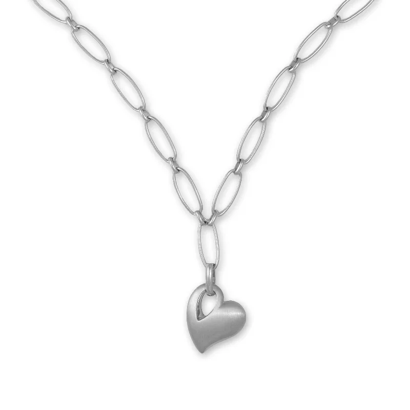 women’s statement necklaces-Satin Finish Heart Charm Necklace, Sterling Silver