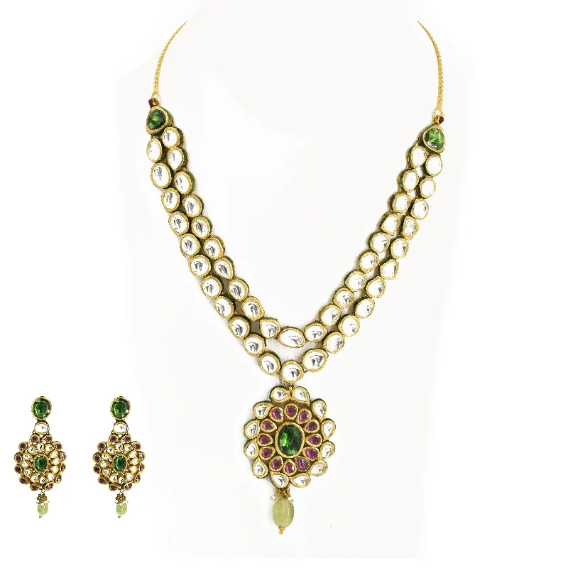 women’s timeless necklaces-22K Gold Necklace & Earrings Set W/ Kundan