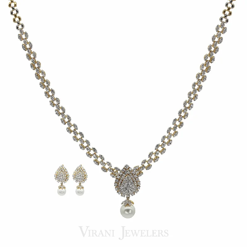 women’s friendship necklaces-4.95CT Diamond Necklace & Earrings Set in 18K Gold W/ Pear Frame Pendant & Single Drop Pearl