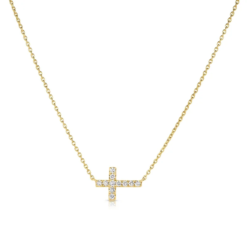 women’s antique necklaces-Sideways Diamond Cross Necklace, 14K Yellow Gold