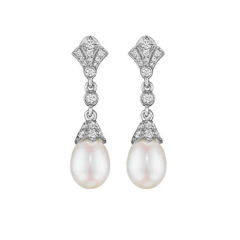 women’s emerald earrings-Pearl and Diamond Deco Drop Earrings