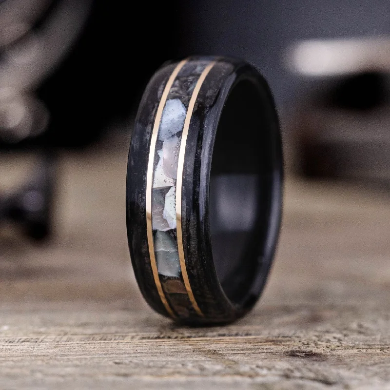 women’s custom sapphire engagement rings-The Whiskey Tide | Men's Weathered Whiskey Barrel Wood Wedding Band with Black Mother of Pearl & Dual Metal Inlays