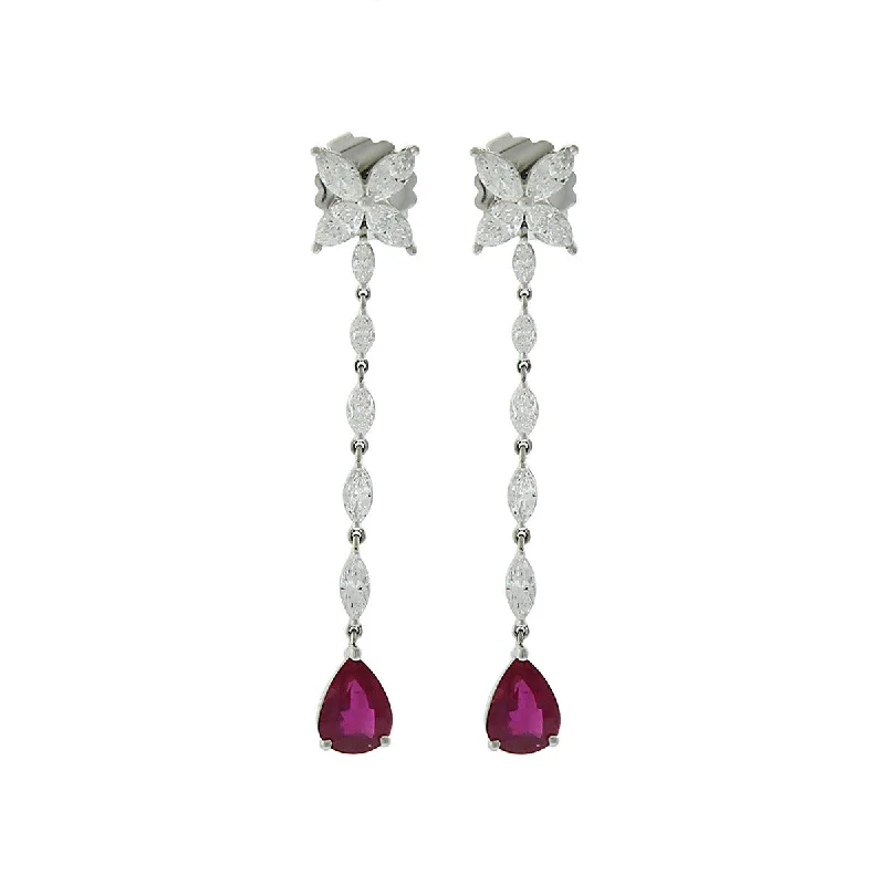 women’s wedding earrings-Platinum Mozambique Ruby and Diamond Drop Earrings