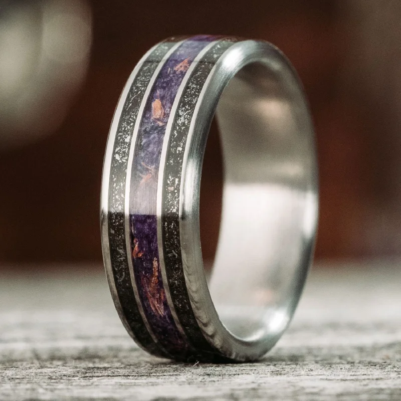 women’s rustic engagement rings-The Sky to Field | Men's Titanium Wedding Band with Meteorite and Sea Lavender Inlays