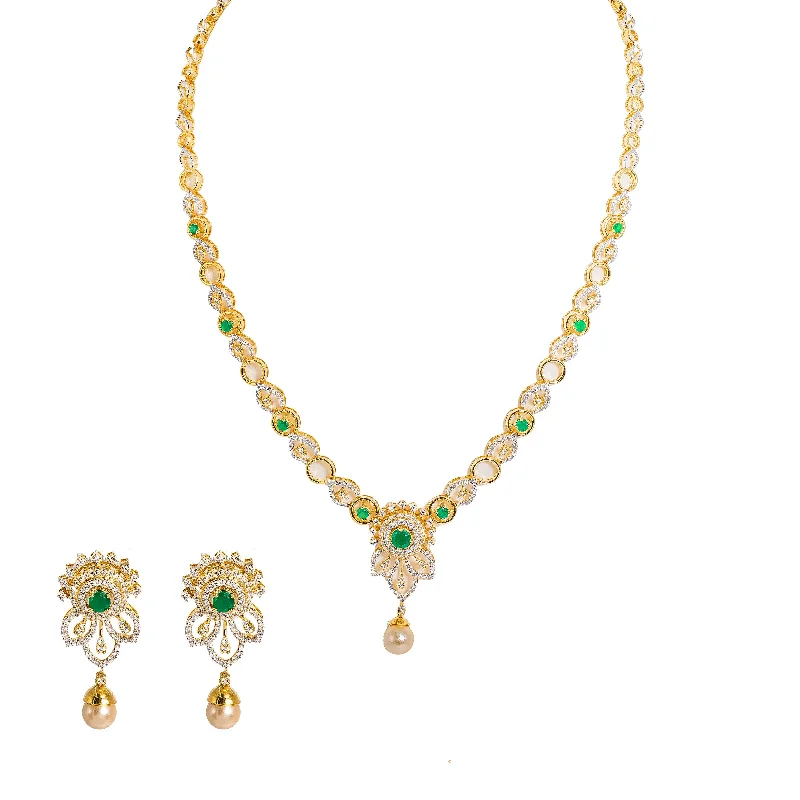 women’s gold-plated pendant necklaces-18K  Multi Tone Gold Diamond Necklace and Earrings Set W/ VVS Diamonds, Emeralds, Drop Pearls & Hibiscus Pendants