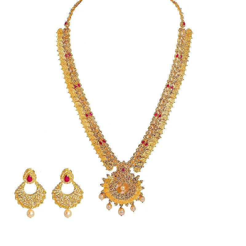 women’s pearl and diamond necklaces-22K Yellow Gold Diamond Necklace & Earrings Set W/ 17.6ct Uncut Diamonds, Rubies, Pearls, Laxmi Kasu & Open Pendant