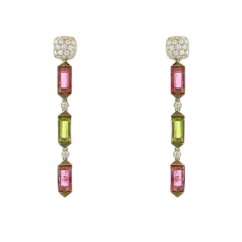 women’s minimalist earrings-Pink Tourmaline, Peridot and Diamond Drop Earrings