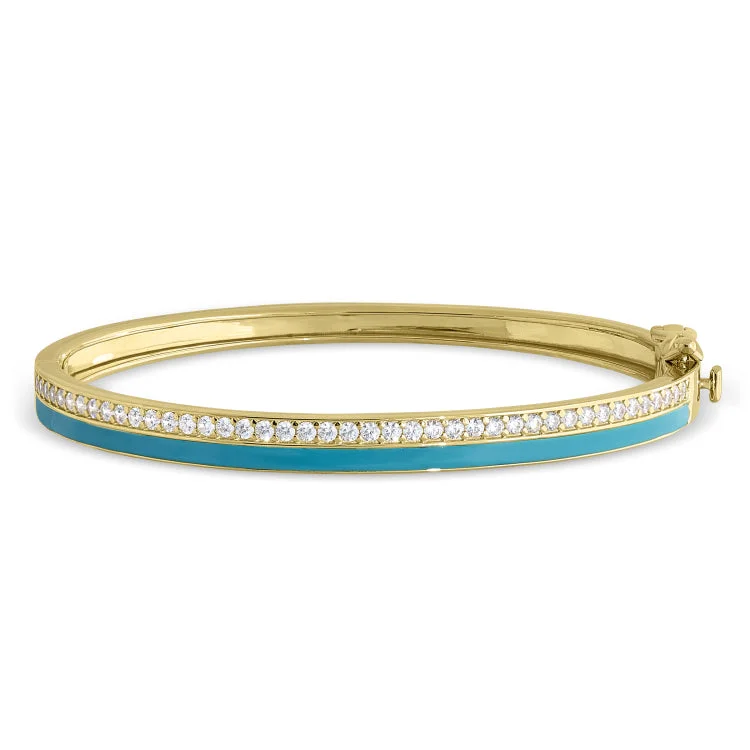 women’s sparkly bracelets-Gold Vermeil Sterling Silver Micropave Hinged Bangle Bracelet with Turquoise Enamel and Simulated Diamonds