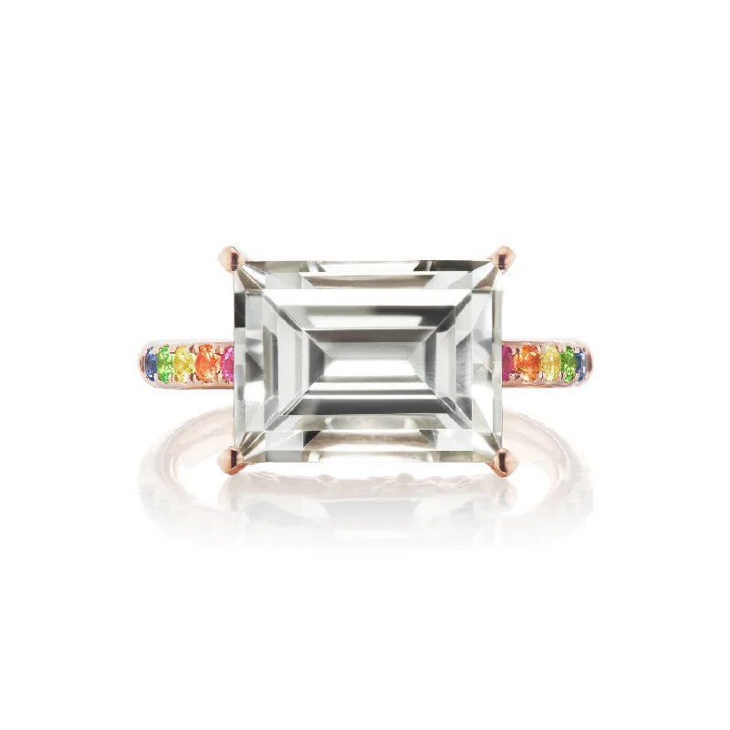 women’s red gemstone rings-Cirque White Topaz Baguette Solitaire with Rainbow Band Ring