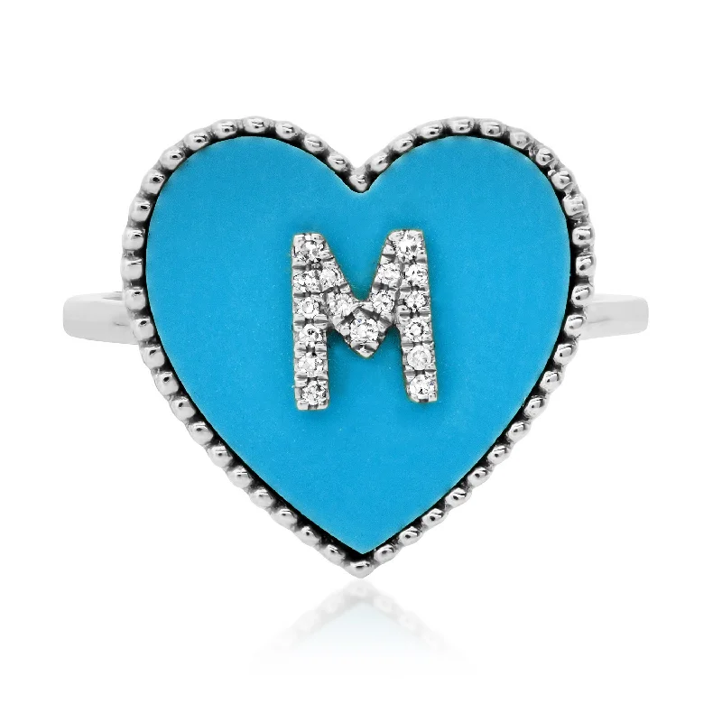 women’s gold rings-Diamond Initial Turquoise Heart Ring