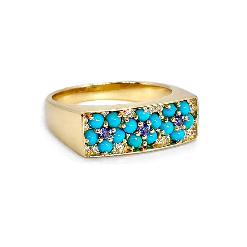 women’s unique engagement rings-Turquoise & Blue Sapphire Sleeping Beauty Floral Diamond Signet Ring