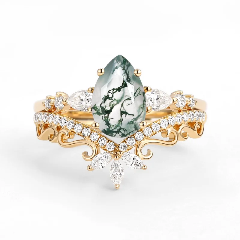 women’s multistone rings-Signature Vintage Pear Moss Agate Staccato Ring Set 2pcs