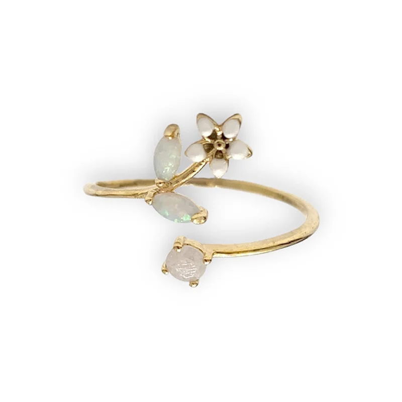 women’s diamond halo rings-Flora Adjustable Crystal + Enamel Gold Ring