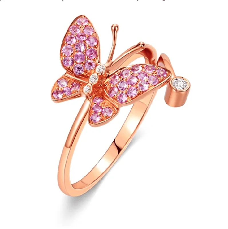 women’s birthstone rings-FANCIME "Fairy Titania" Pink Sapphire Butterfly 18K Rose Gold Ring