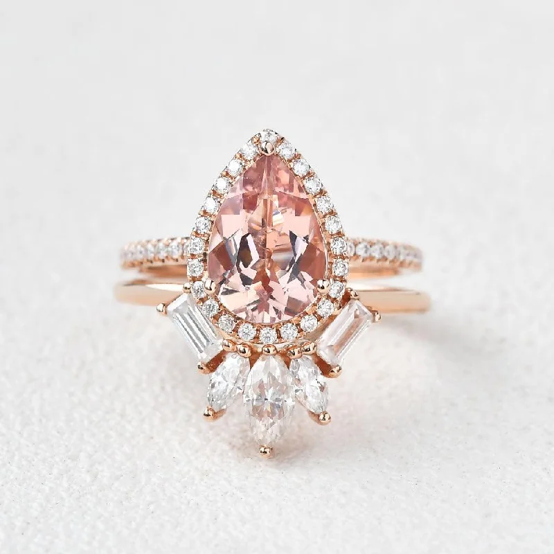 women’s fancy rings-Felicegals Pear Shaped Peachy Morganite Vintage Ring Set 2pcs